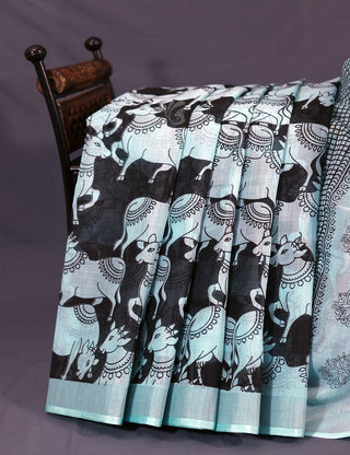 Gleaming Sea Blue And Black Pichwai Print Cotton Linen Saree By Gayathri Reddy Designer Studio - Distacart