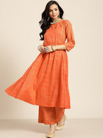 Thumbnail for Sangria Women Orange and Golden Ethnic Printed Pure Cotton Kurta with Palazzos - Distacart