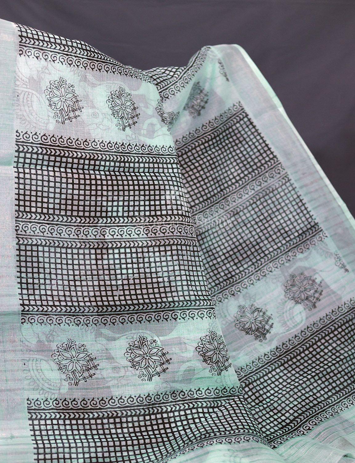 Gleaming Sea Blue And Black Pichwai Print Cotton Linen Saree By Gayathri Reddy Designer Studio - Distacart
