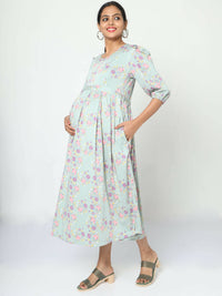 Thumbnail for Manet Three Fourth Maternity Dress Pink Floral Print With Concealed Zipper Nursing Access - Green - Distacart