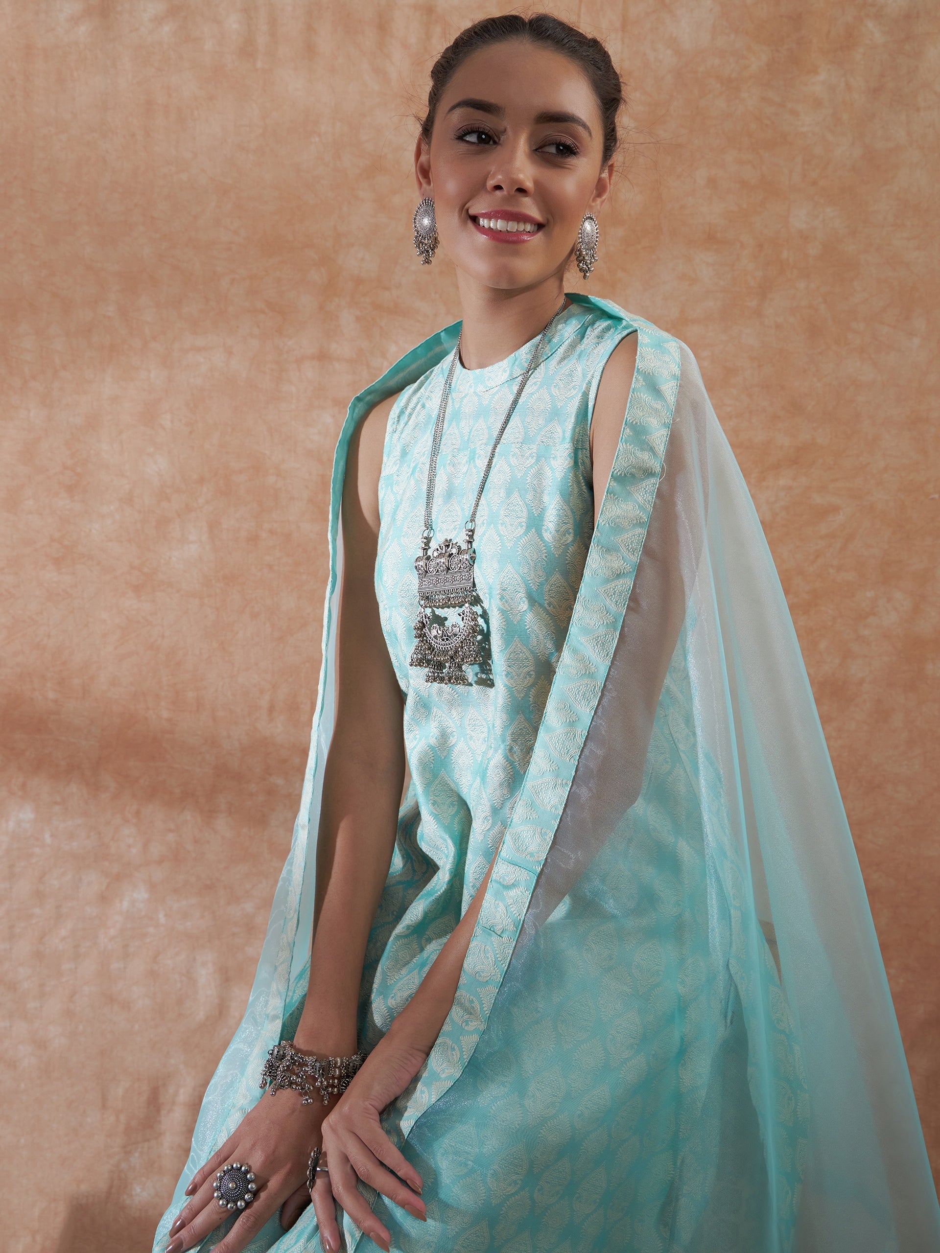 InWeave Women's Powder Blue Jacquard Halter Kurta Set W Powder Blue Or Dupatta - Distacart