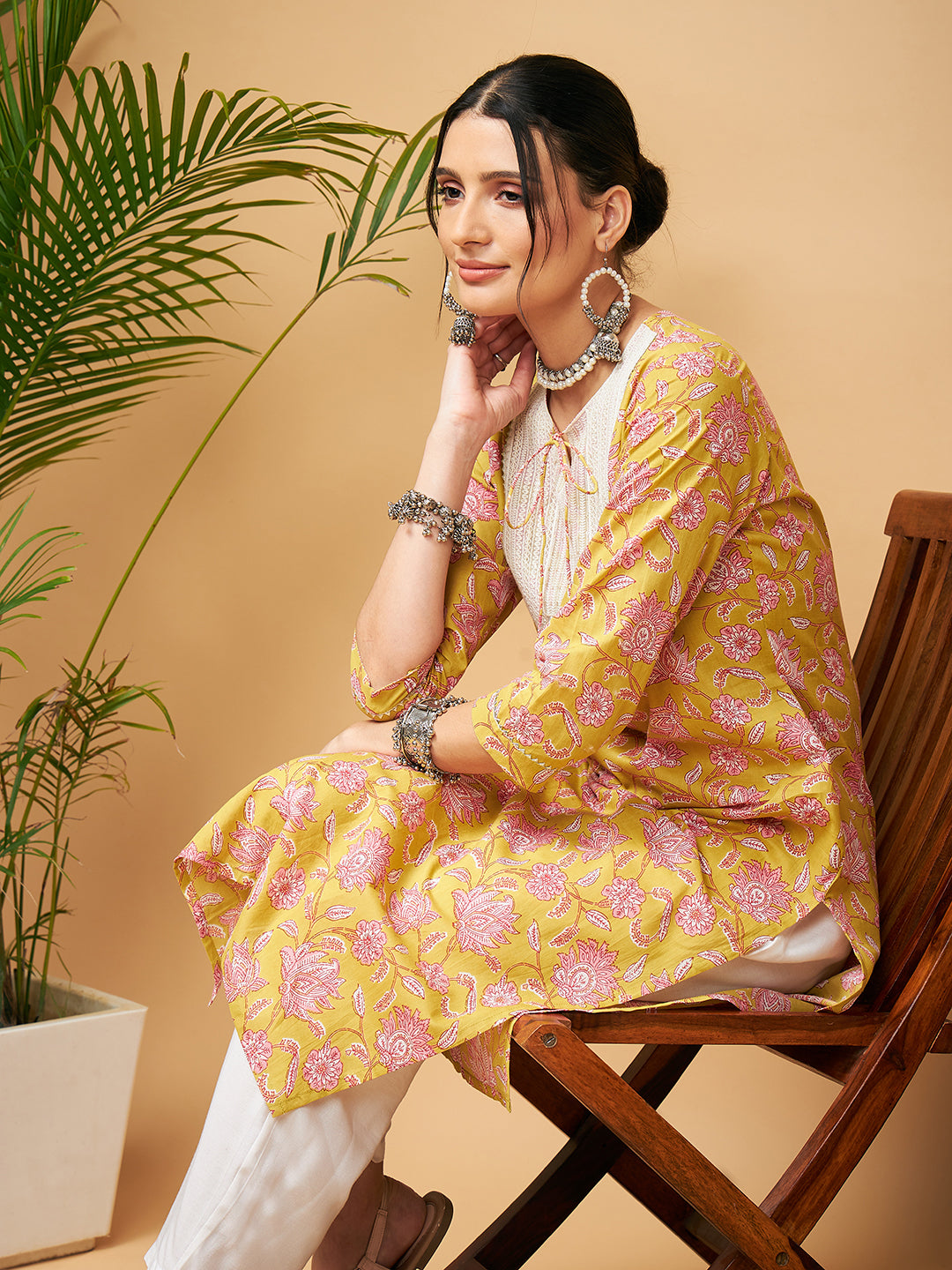 InWeave Women's Lime Pink Print Patch Cotton Straight Kurta Pant Set - Distacart
