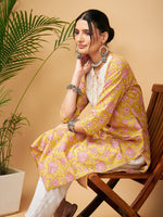Thumbnail for InWeave Women's Lime Pink Print Patch Cotton Straight Kurta Pant Set - Distacart