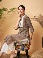 Thumbnail for InWeave Women's Green Red Ajrakh Print Cotton Patch Work Straight Kurta Pant Set - Distacart