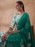Thumbnail for InWeave Women's White Teal Lurex Leaf Print Patch Gota Kurta Set W Teal Dupatta - Distacart