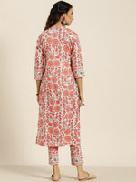 Thumbnail for Sangria Women Off White & Peach-Coloured Floral Print Straight Cotton Kurta with Trousers - Distacart