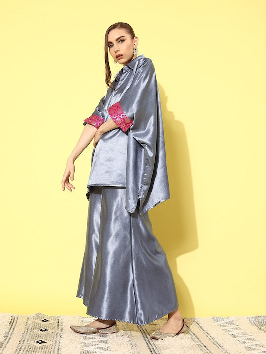 InWeave Women's Grey Pink Brocade Satin Boho Kurta Palazzo Set - Distacart