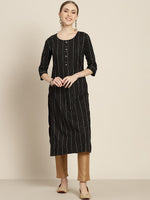Thumbnail for Sangria Women Black & White Striped Sequin Detail Kurta - Distacart