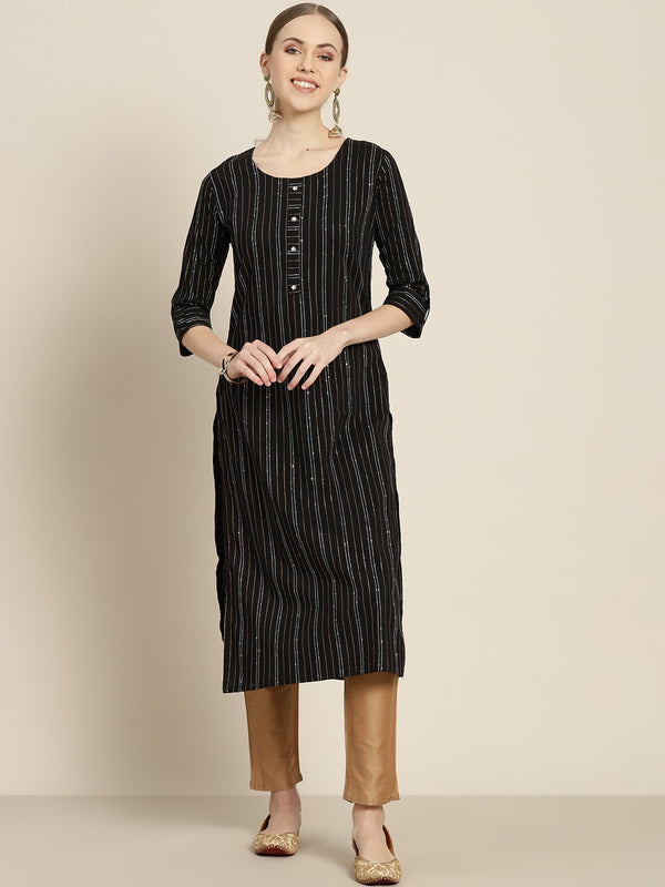 Sangria Women Black & White Striped Sequin Detail Kurta - Distacart