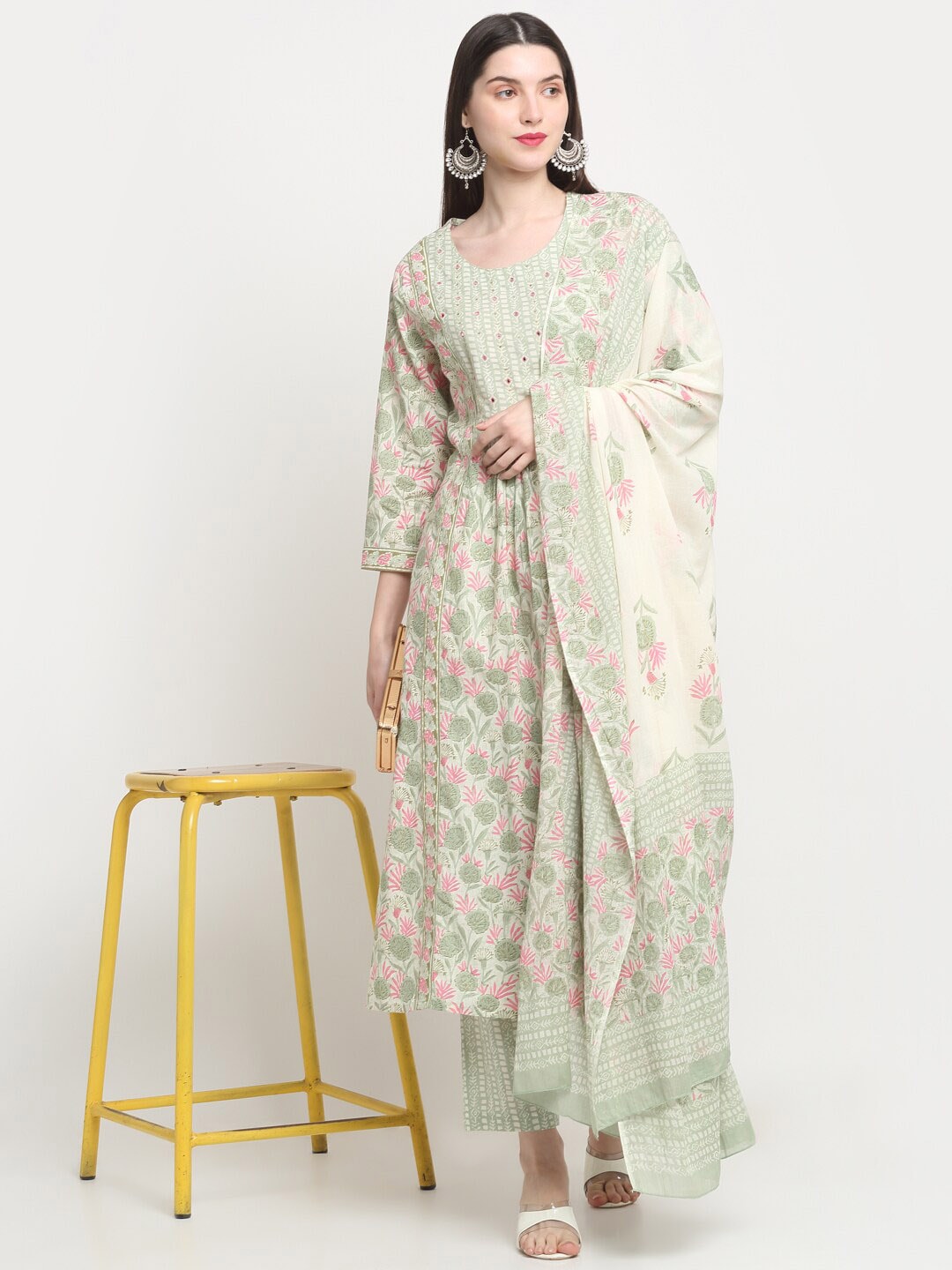 Kalini Floral Printed Sequined A-Line Pure Cotton Kurta with Trousers & Dupatta - Distacart