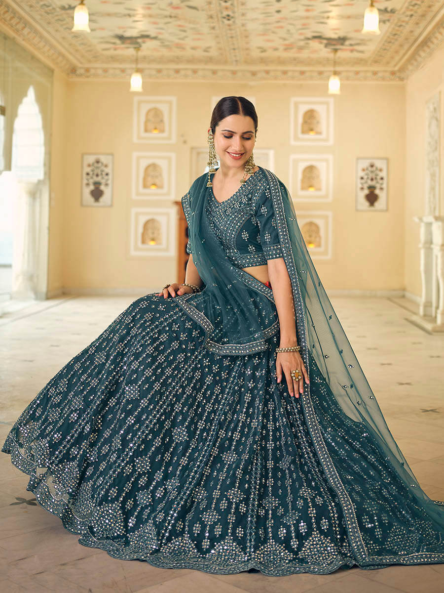Myra Rama Blue Soft Net Embroidered Lehenga - Distacart