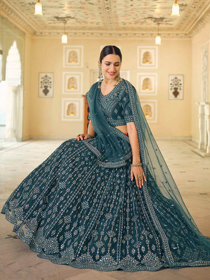 Myra Rama Blue Soft Net Embroidered Lehenga - Distacart