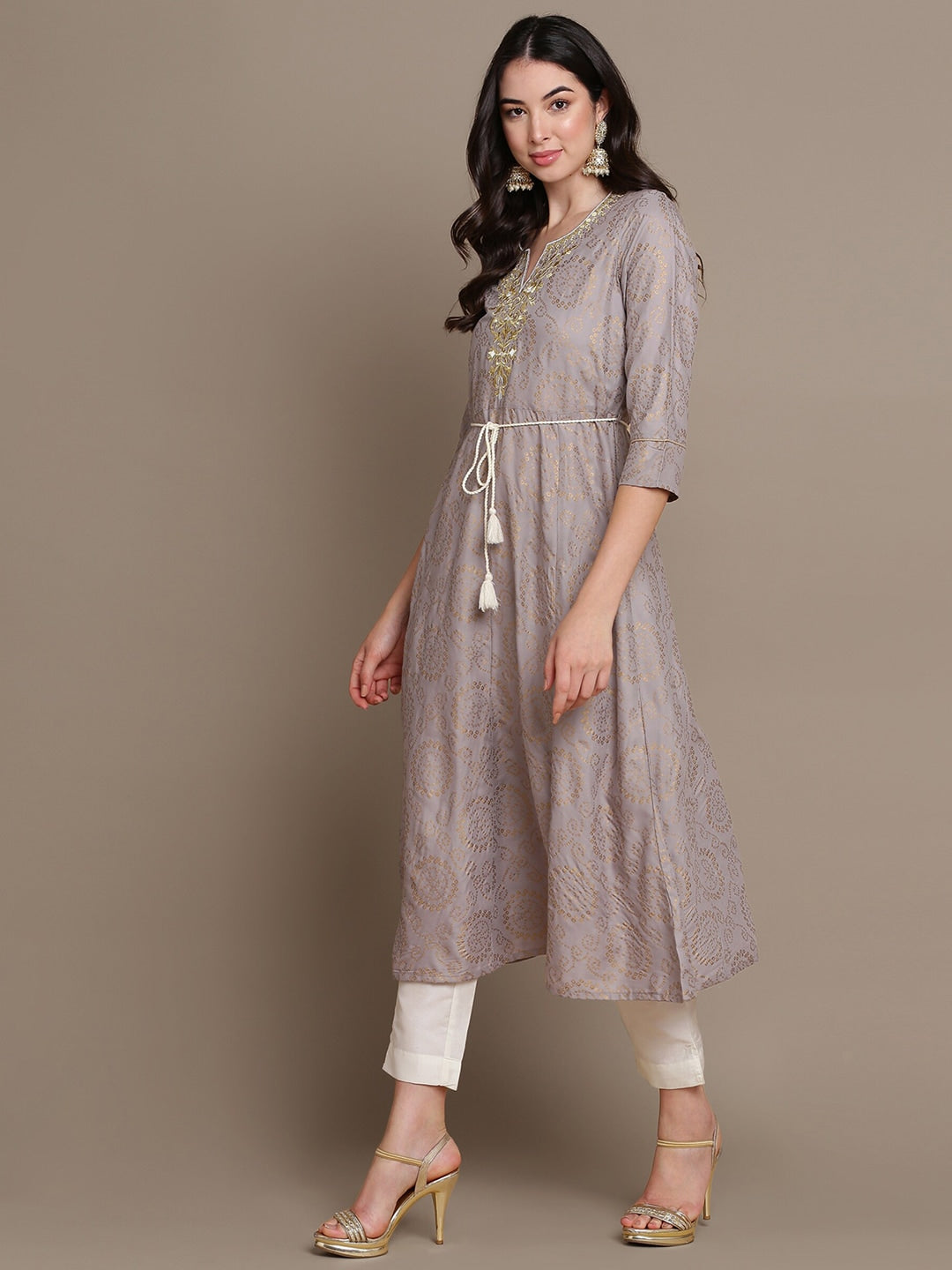 HERE&NOW Embroidered Bandhani Printed Notched Neck Thread Work Anarkali Kurta - Distacart