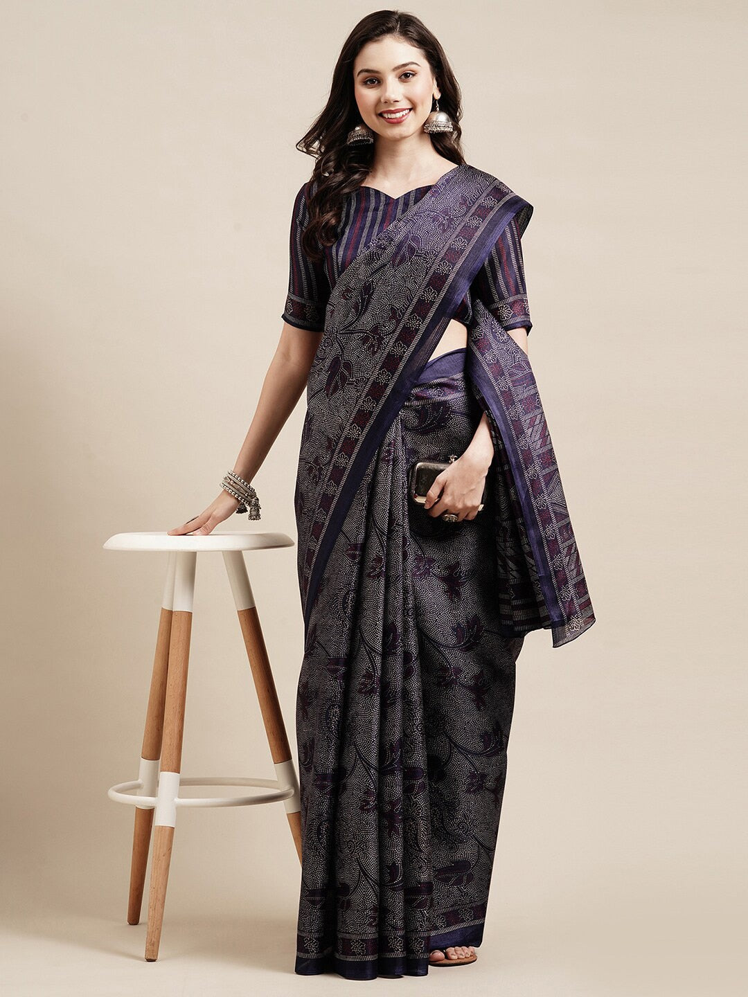 Saree Mall Navy Blue & Grey Floral Art Silk Bhagalpuri Sarees - Distacart