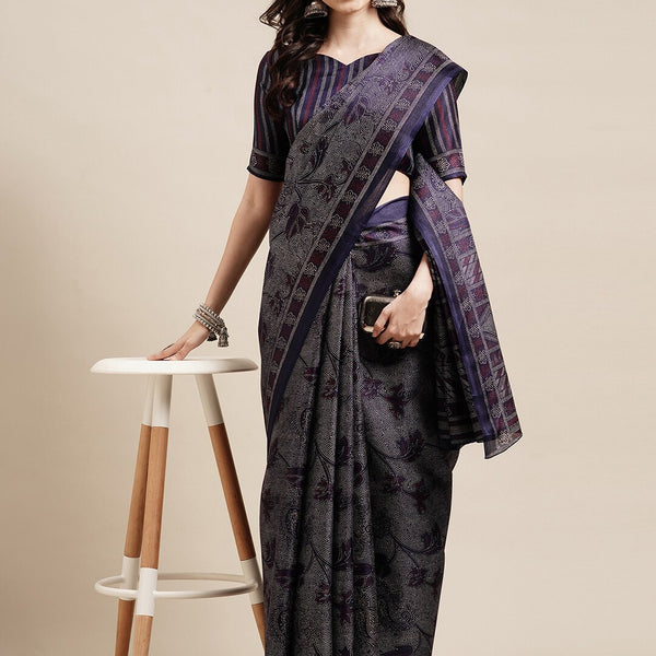 Saree Mall Navy Blue & Grey Floral Art Silk Bhagalpuri Sarees - Distacart