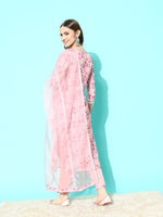 Thumbnail for Sangria Floral Printed Regular Thread Work Linen Kurta with Trousers & With Dupatta - Distacart
