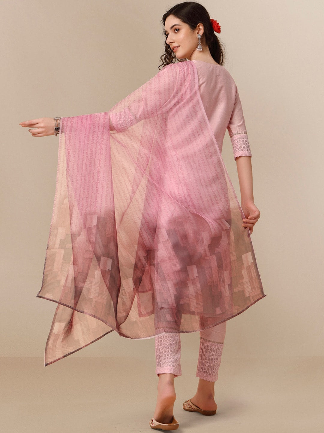 HERE&NOW Lucknowi Chikankari Schiffli Chanderi Silk Kurta Trousers with Organza Dupatta - Distacart