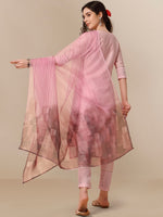 Thumbnail for HERE&NOW Lucknowi Chikankari Schiffli Chanderi Silk Kurta Trousers with Organza Dupatta - Distacart