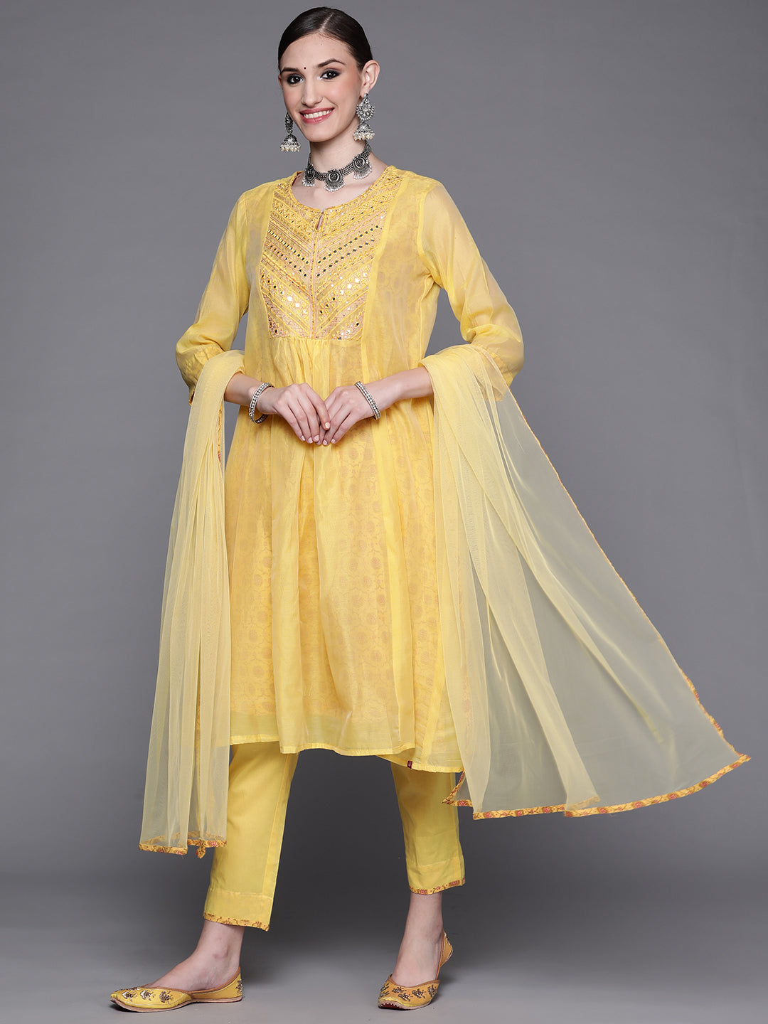 Biba Women Yellow Ethnic Motifs Yoke Design Mirror Work Kurta with Trousers & With Dupatta - Distacart