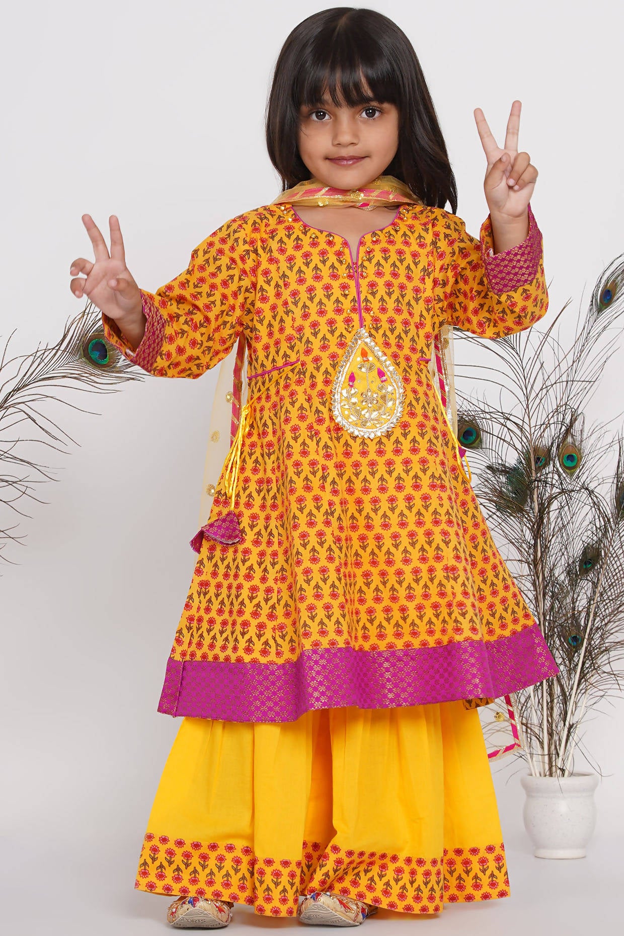 Little Bansi Cotton Kurta frock with booti work, Sharara & Dupatta - Yellow - Distacart