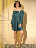 Thumbnail for Teal Viscose Solid Design Flared Dress - Shivani - Distacart