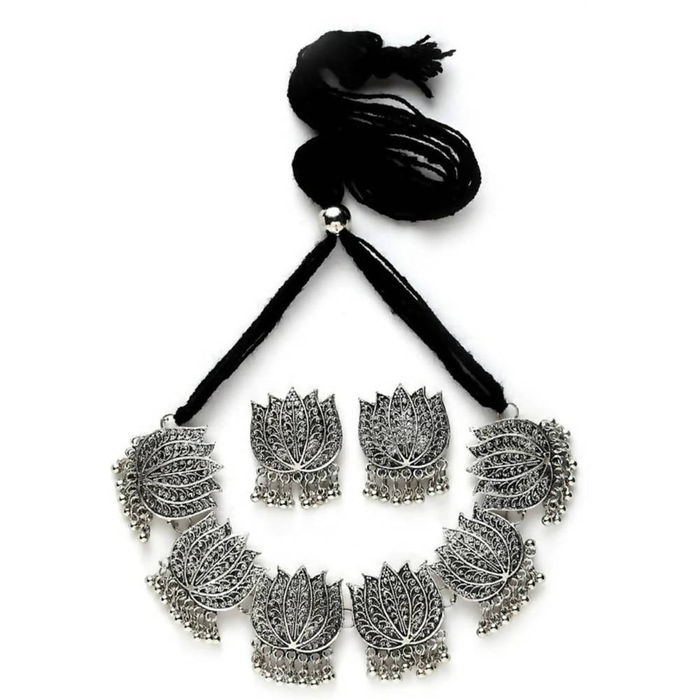Mominos Fashion Oxidised Lotus Design Silver Color Necklace Choker Set