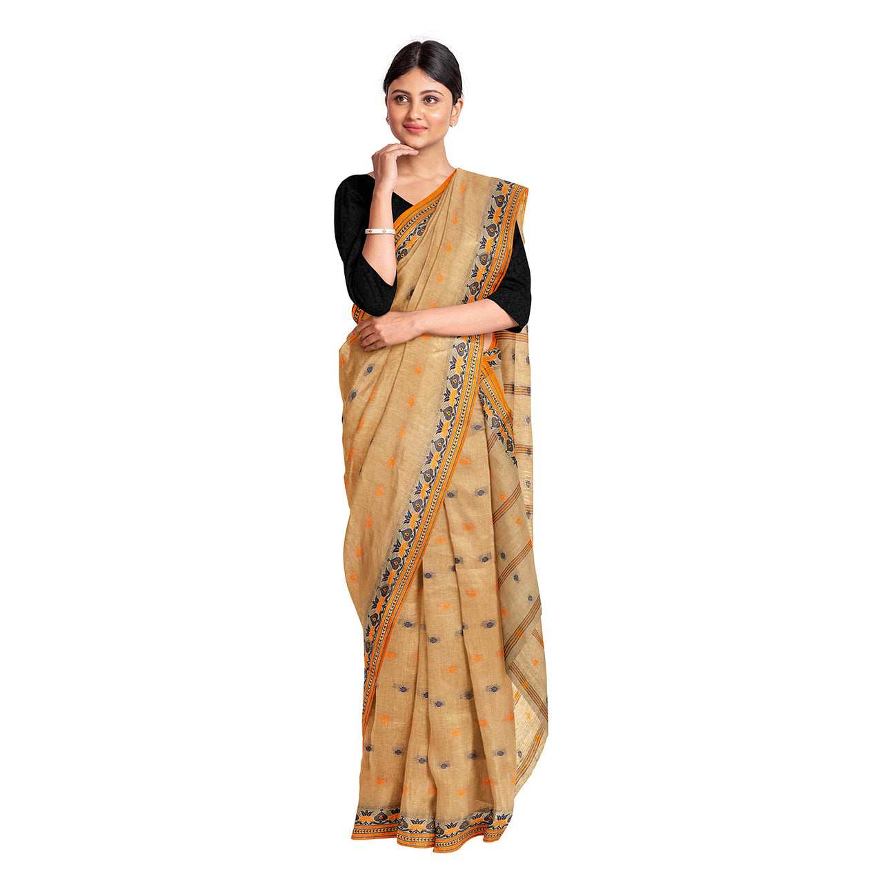 Exclusive Collection 100% Pure Cotton Biege Tant Saree With Hand Weaving Work - Distacart