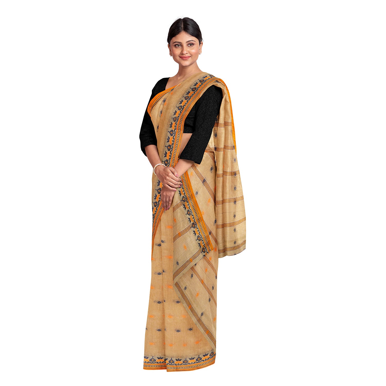 Exclusive Collection 100% Pure Cotton Biege Tant Saree With Hand Weaving Work - Distacart