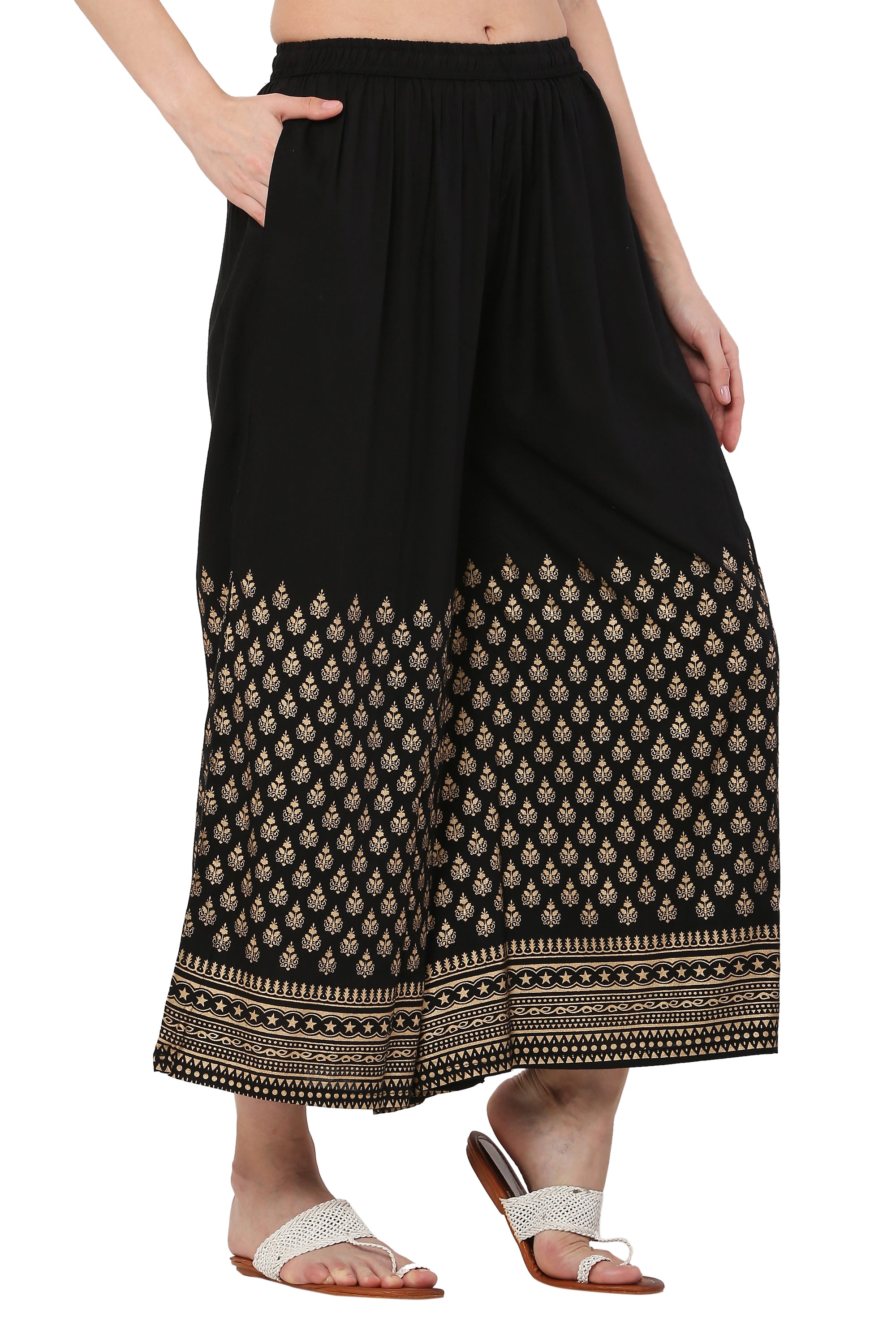 PAVONINE Black Color Minar Half Golden Print Sharara For Women - Distacart