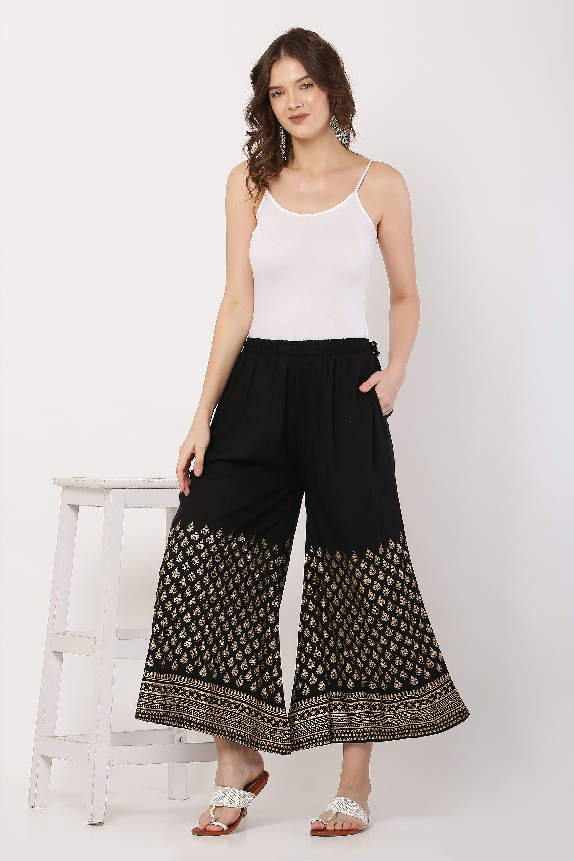 PAVONINE Black Color Minar Half Golden Print Sharara For Women - Distacart