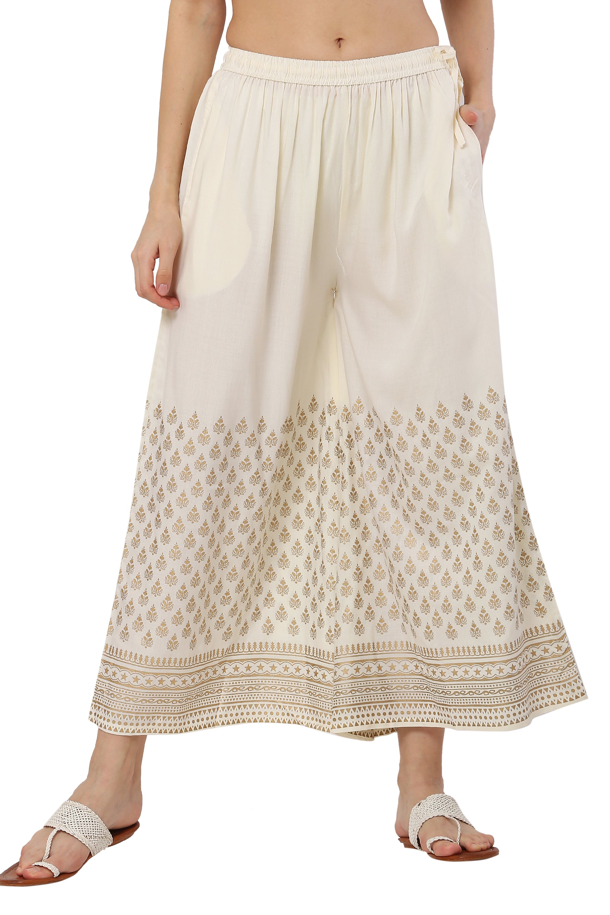 PAVONINE Off-White Color Minar Half Golden Print Sharara For Women - Distacart