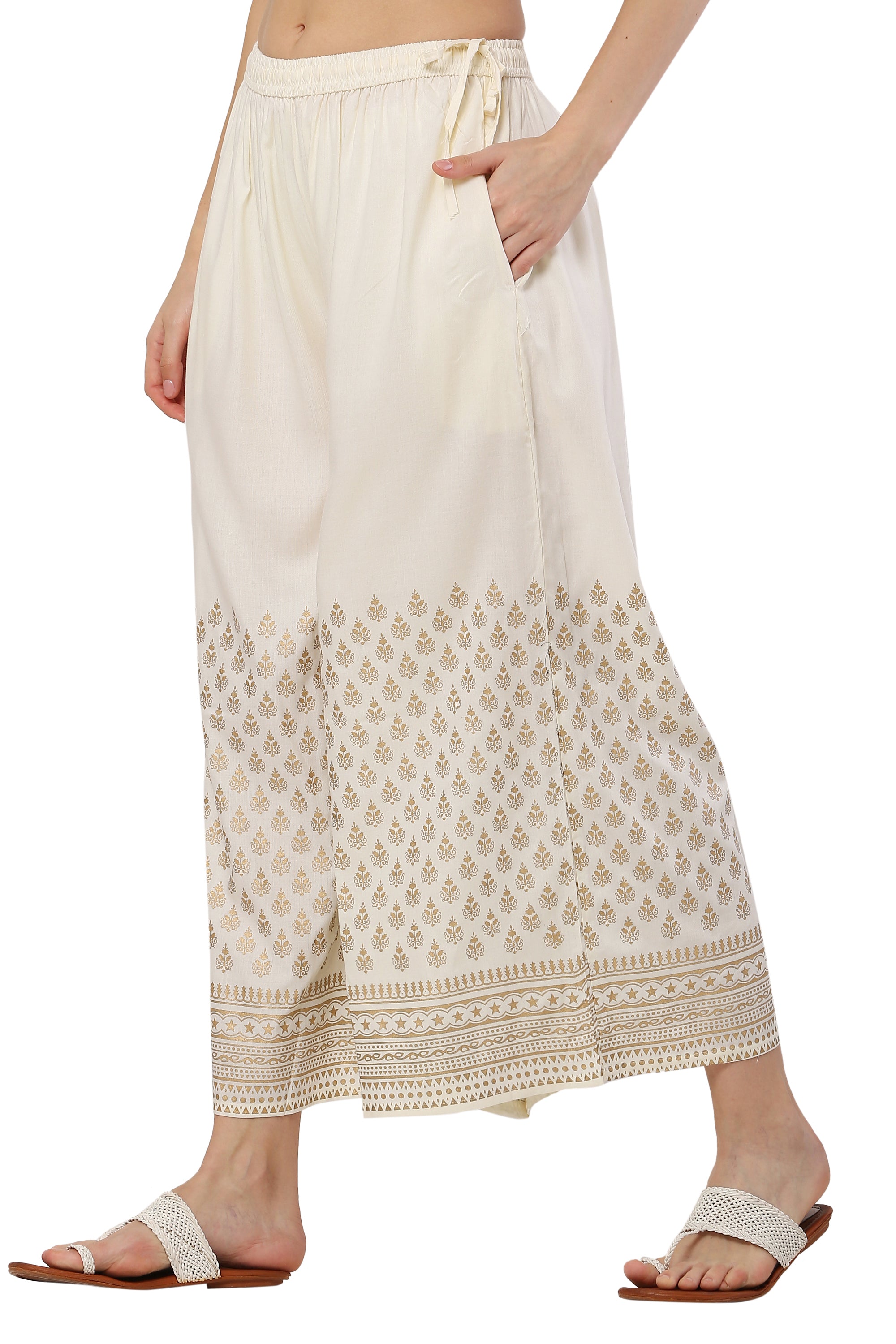 PAVONINE Off-White Color Minar Half Golden Print Sharara For Women - Distacart