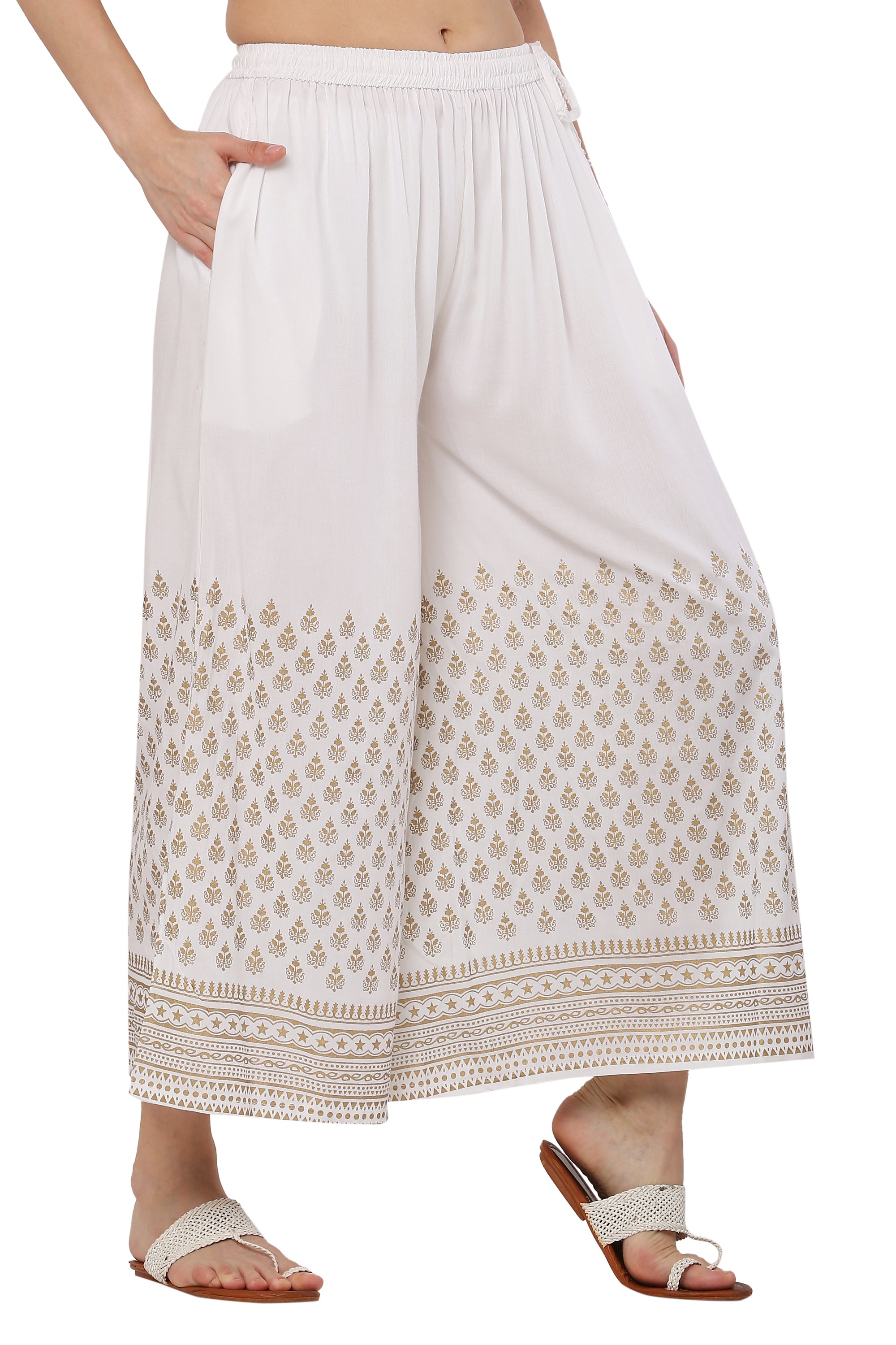 PAVONINE White Color Minar Half Golden Print Sharara For Women - Distacart
