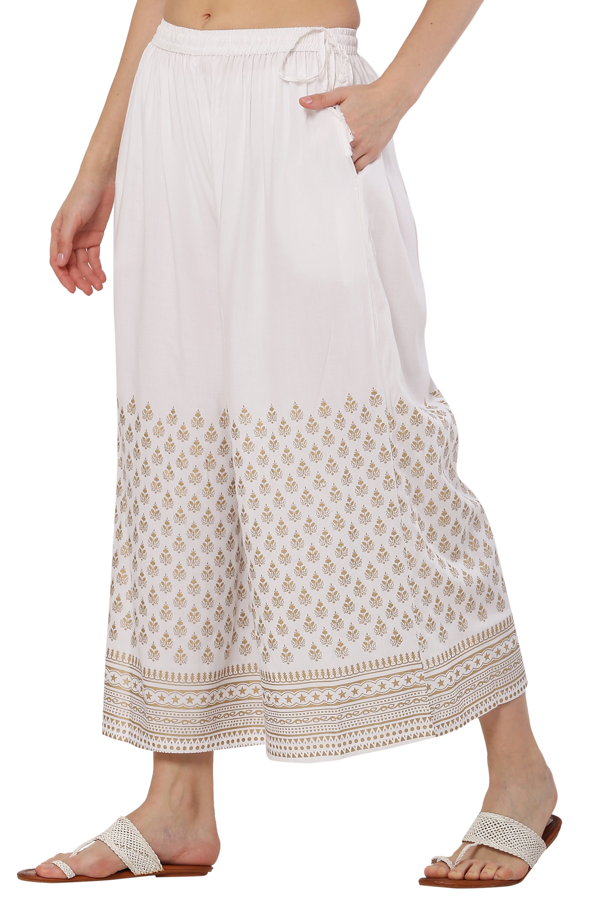 PAVONINE White Color Minar Half Golden Print Sharara For Women - Distacart