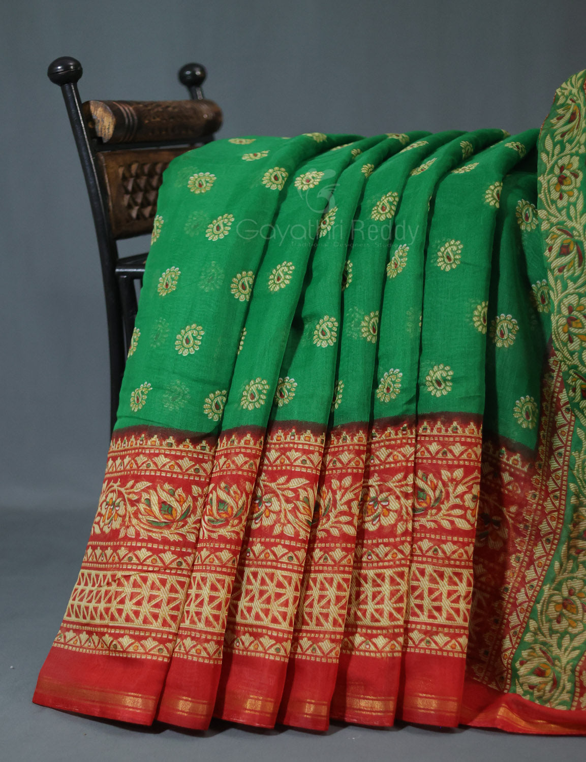 Shades of Leaf Green Floral Print Semi Chanderi Saree By Gayathri Reddy Designer Studio - Distacart