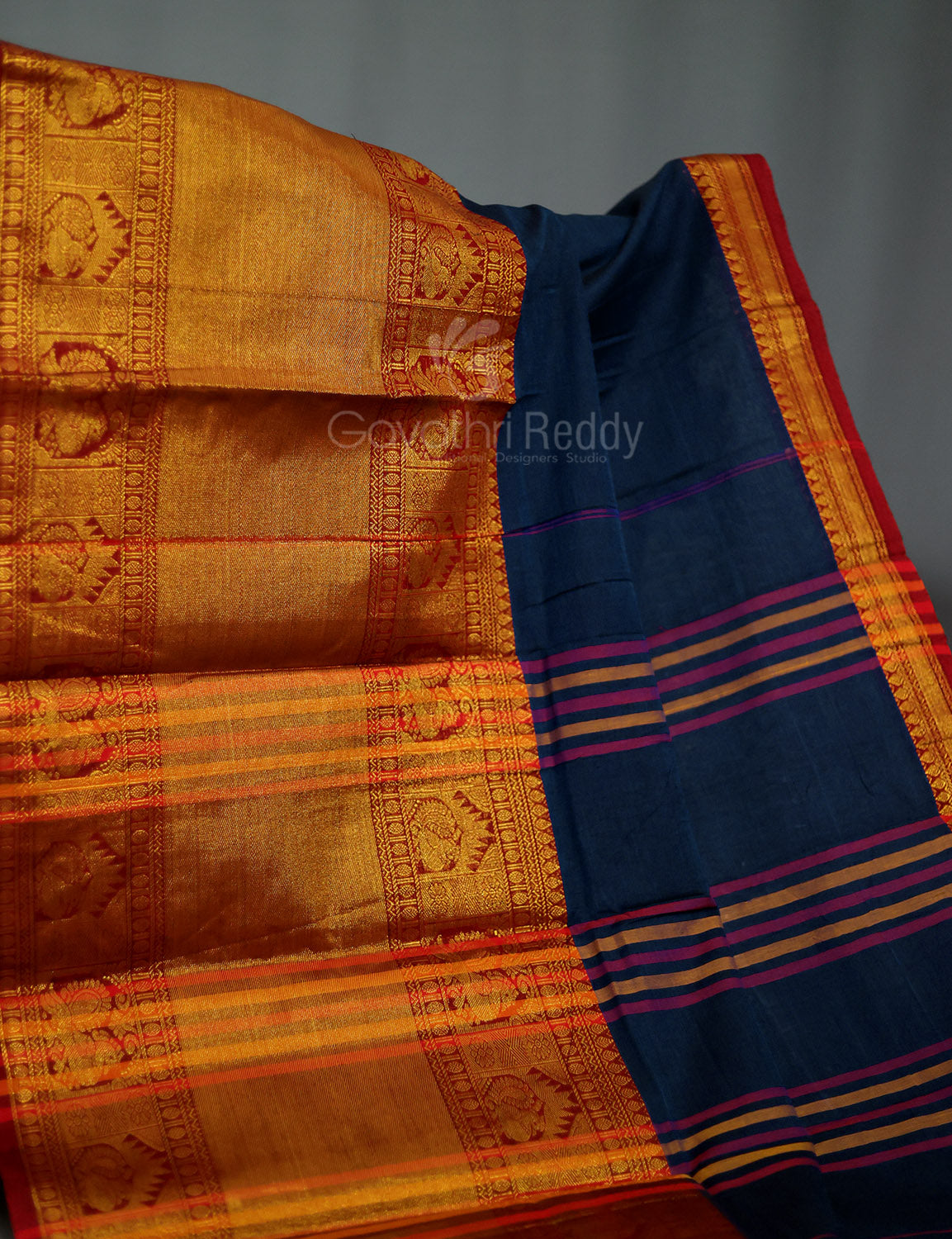Kalanetha Peacock Blue With Zari Kanchi Style Pure Narayanpet Cotton Saree By Gayathri Reddy Designer Studio - Distacart