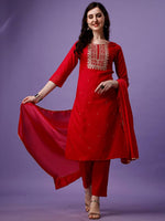 Thumbnail for Kalini Women Red Embroidered Regular Thread Work Kurta with Trousers & With Dupatta - Distacart