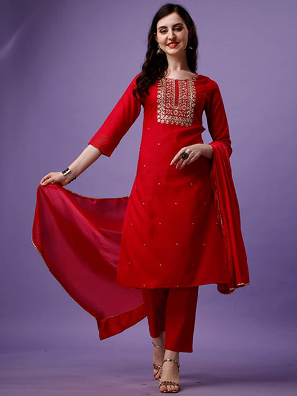 Kalini Women Red Embroidered Regular Thread Work Kurta with Trousers & With Dupatta - Distacart