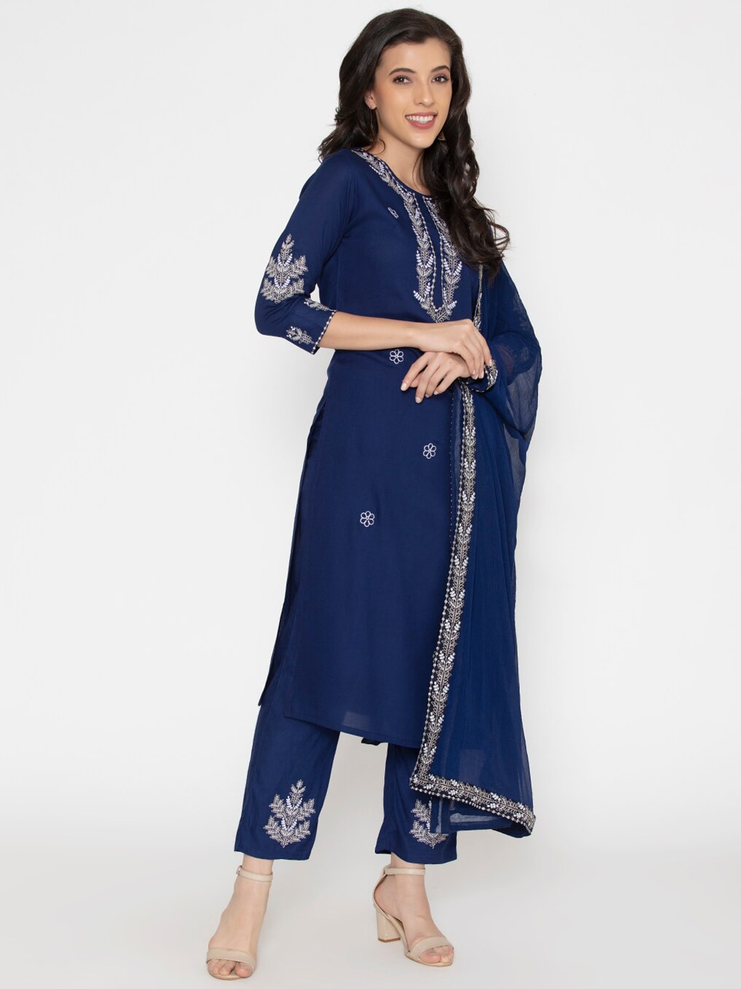 Kalini Women Blue Ethnic Motifs Embroidered Thread Work Kurta with Trousers & With Dupatta - Distacart
