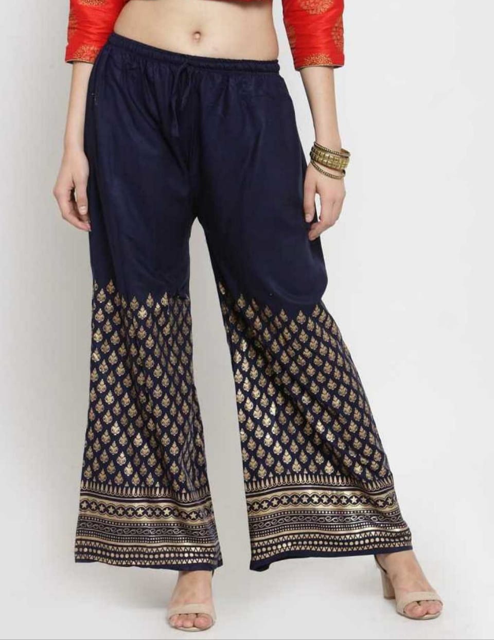 PAVONINE Navy Blue Color Minar Half Golden Print Sharara For Women - Distacart