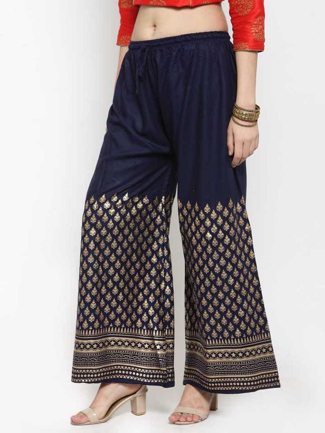 PAVONINE Navy Blue Color Minar Half Golden Print Sharara For Women - Distacart