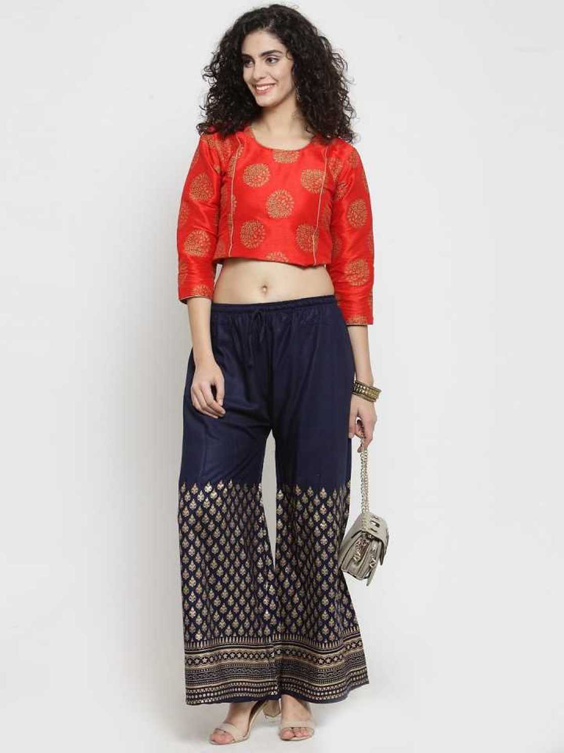 PAVONINE Navy Blue Color Minar Half Golden Print Sharara For Women - Distacart