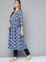 Thumbnail for HERE&NOW Women Navy Blue & Mustard Yellow Ethnic Printed Gotta Patti Pure Cotton Kurta - Distacart