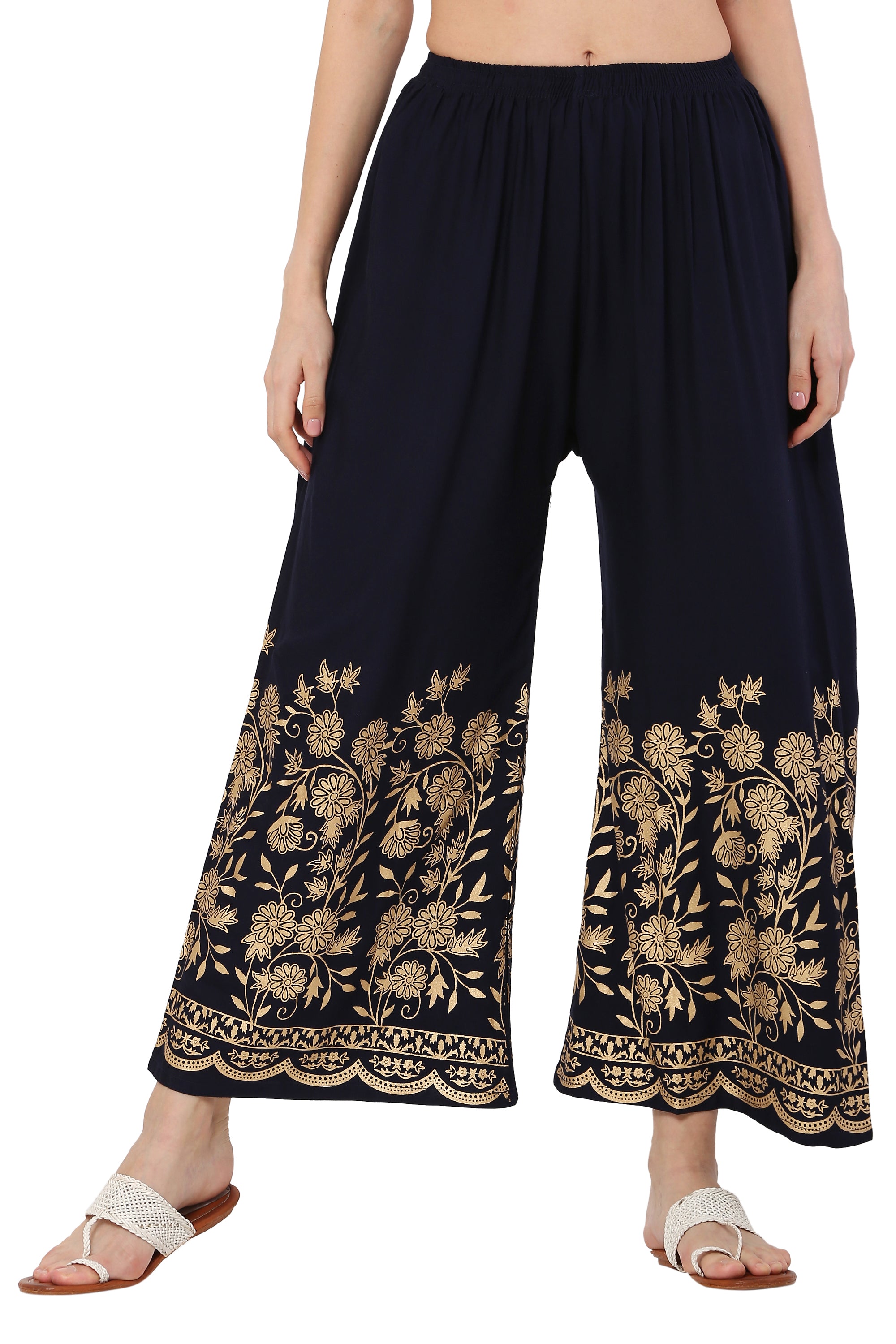 PAVONINE Navy Blue Color Floral Half Golden Print Sharara For Women - Distacart