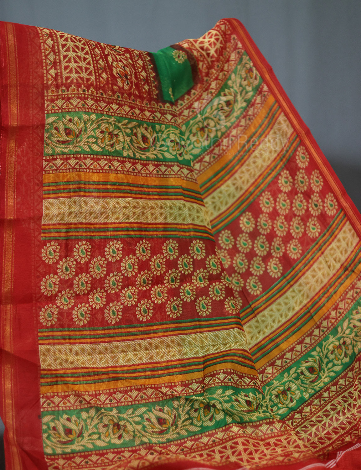 Shades of Leaf Green Floral Print Semi Chanderi Saree By Gayathri Reddy Designer Studio - Distacart