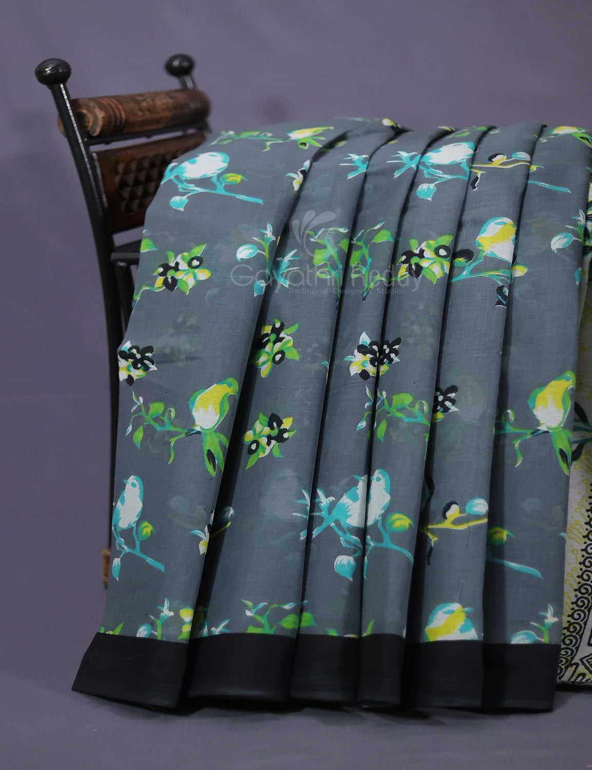 Grey Colour Combo With Brid Print Pure Mulmul Cotton Saree By Gayathri Reddy Designer Studio - Distacart