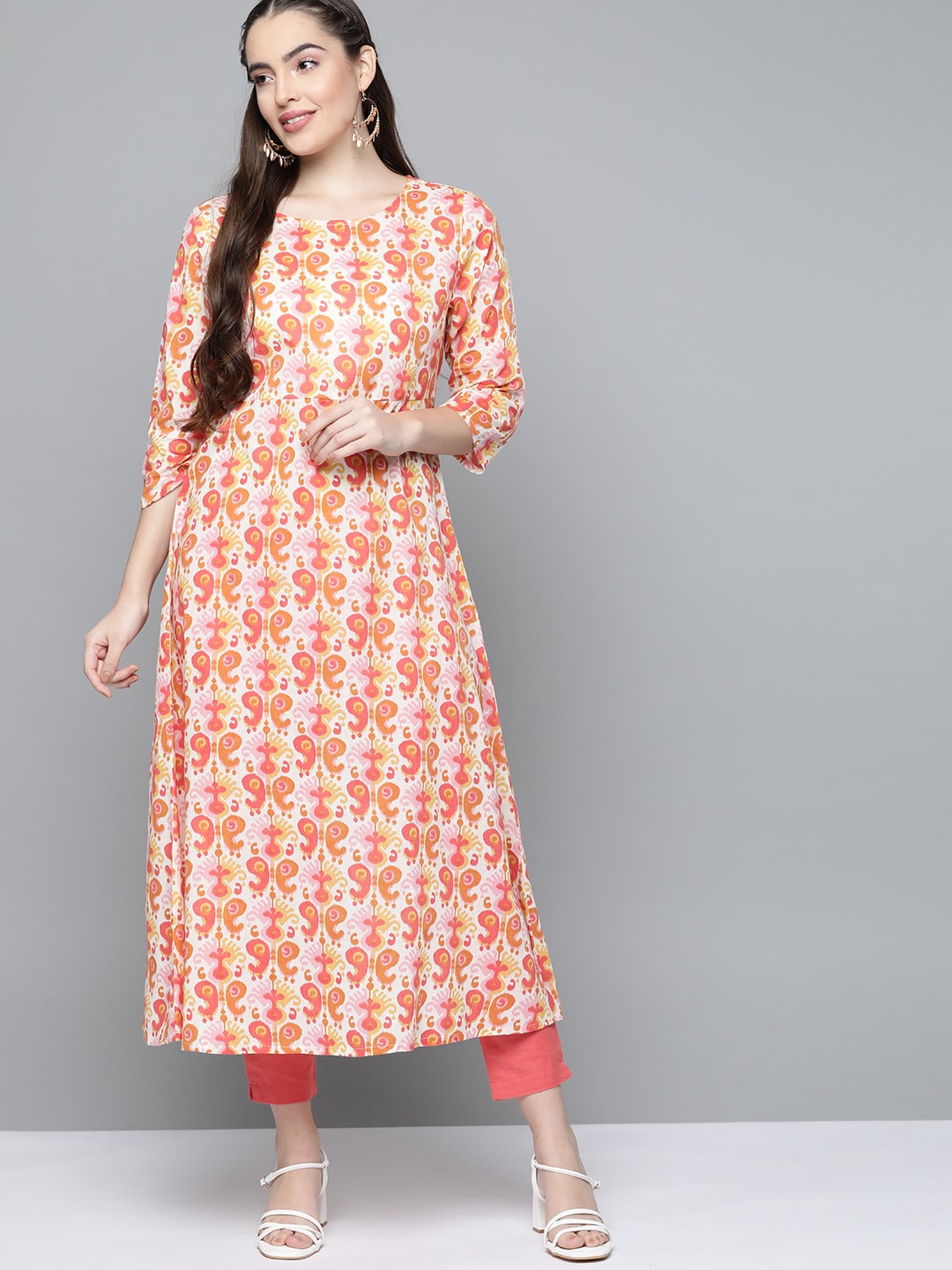 HERE&NOW Women Orange & White Ethnic Motifs Printed Kurta - Distacart