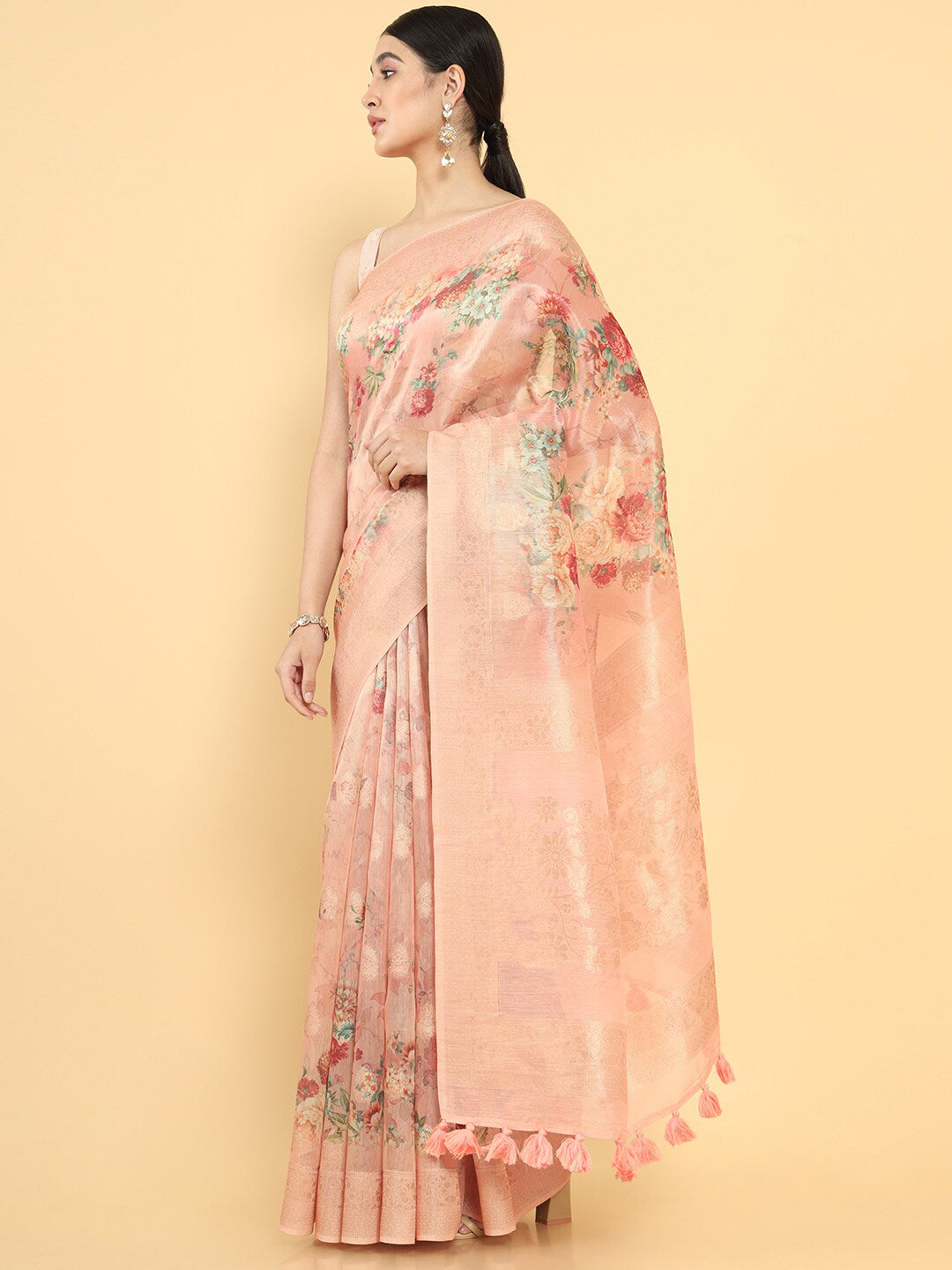 Soch Peach-Coloured & Green Woven Design Zari Organza Saree - Distacart