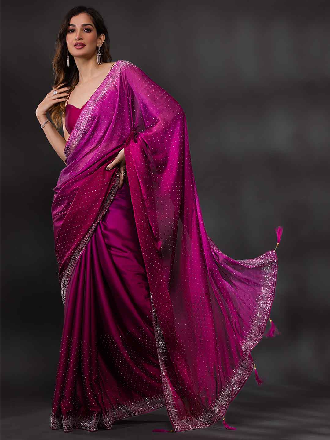 Koskii Women Maroon & Silver-Toned Beads and Stones Embellished Saree - Distacart