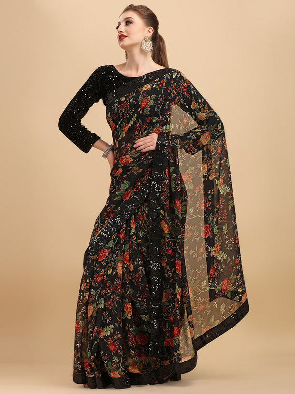 Sangria Floral Printed Embroidered Saree - Distacart